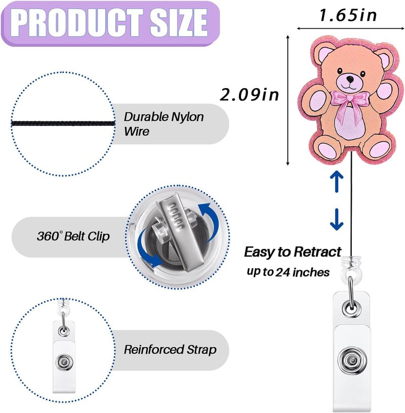 Bydevia Cute Teddy Bear Badge Reel Retractable for Nurse Nursing RN CNA LPN Medical Worker & Teacher, Pink Teddy Badge Clip, Pediatric Nurse ID Name Badge Holder with Alligator Clip & 24” Durable Nylon Cord - Image 2